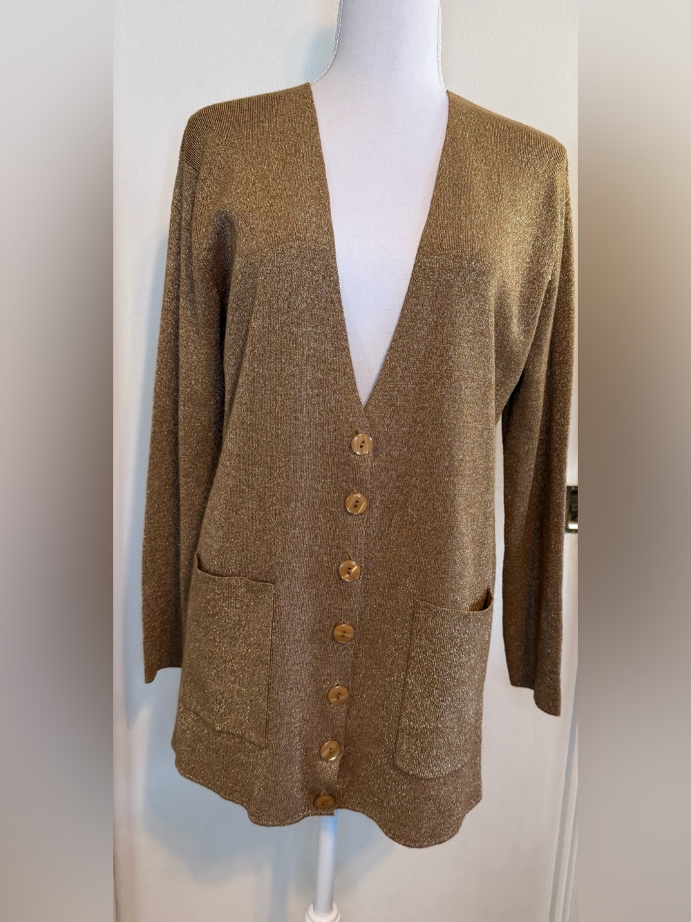 Colette Mordo Sadimara Vintage Gold Metallic Shimmer Long Cardigan Sweater Sz M